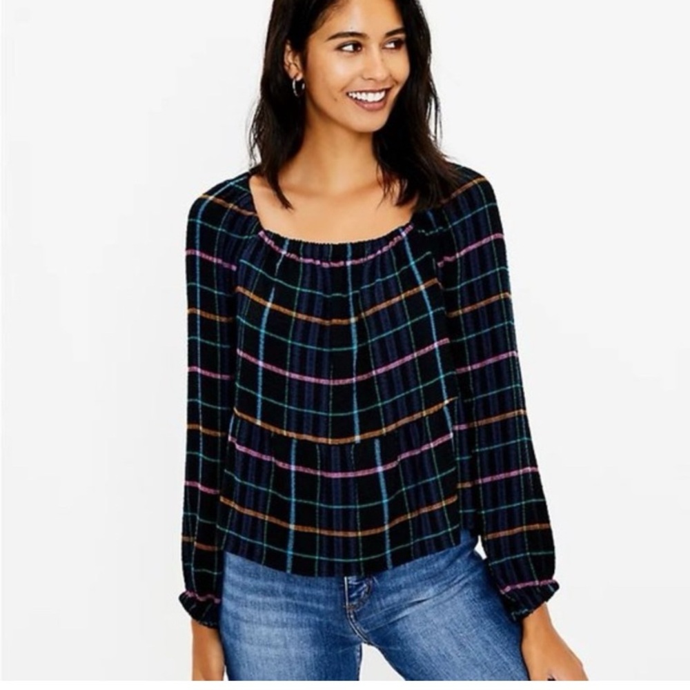 LOFT Windowpane Plaid Peasant Peplum Blouse Scoop Neck Long Sleeve XS